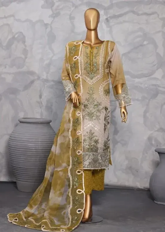 Pakistani Lavish Heavy Embroidered Unstitched Organza Three Piece - Pesto - Shopemart 1