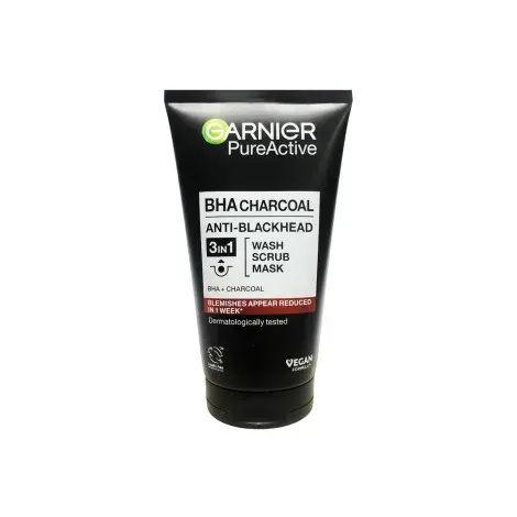 Garnier Pure Active BHA Charcoal Anti Blackhead 3in1 Wash Scrub Mask 150ml — GARNIER face mask