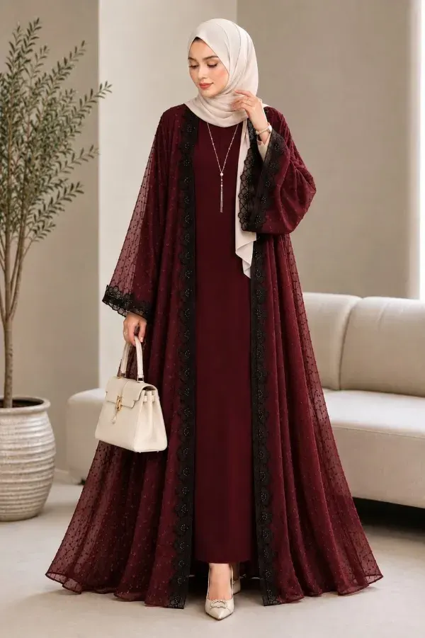 Maroon Premium Designer Two-Layer Abaya | Gota Georgette & Saffron Silk