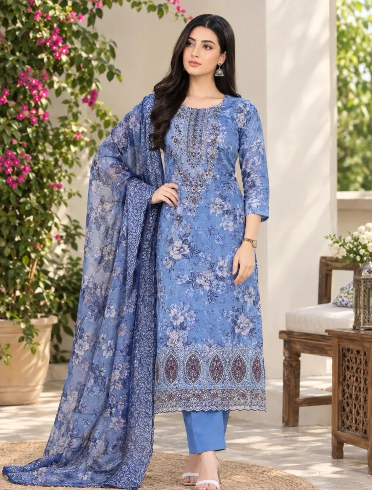 Cornflower Blue Soft Cotton Digital Print Embroidered & Sequin Work 3-Piece Salwar Kameez