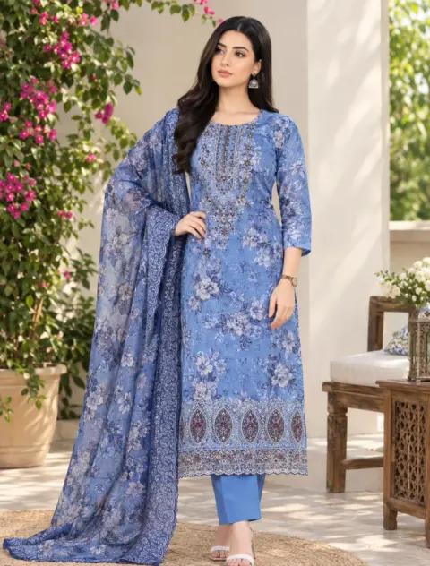 Cornflower Blue Soft Cotton Digital Print Embroidered & Sequin Work 3-Piece Salwar Kameez