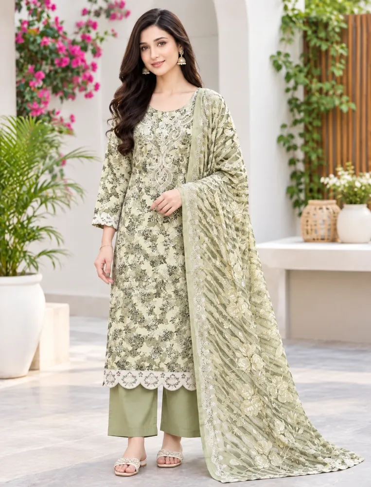 Olive Green Soft Cotton Digital Print Embroidered 3-Piece Salwar Kameez