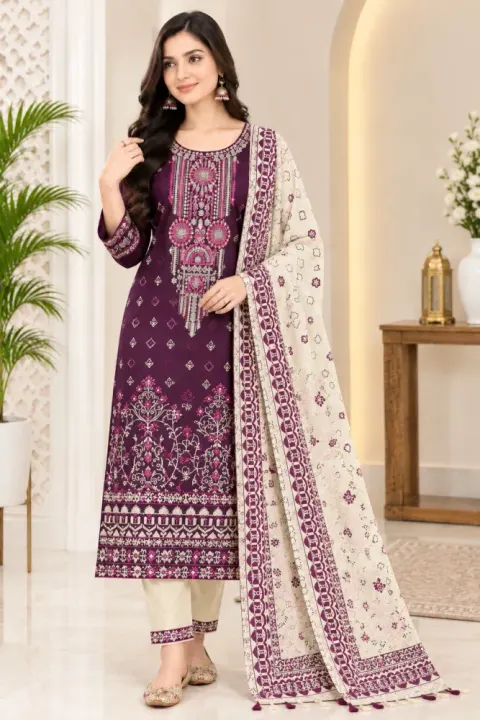 Plum & Cream Cotton Block Print Ready-Made 3-Piece Salwar Kameez