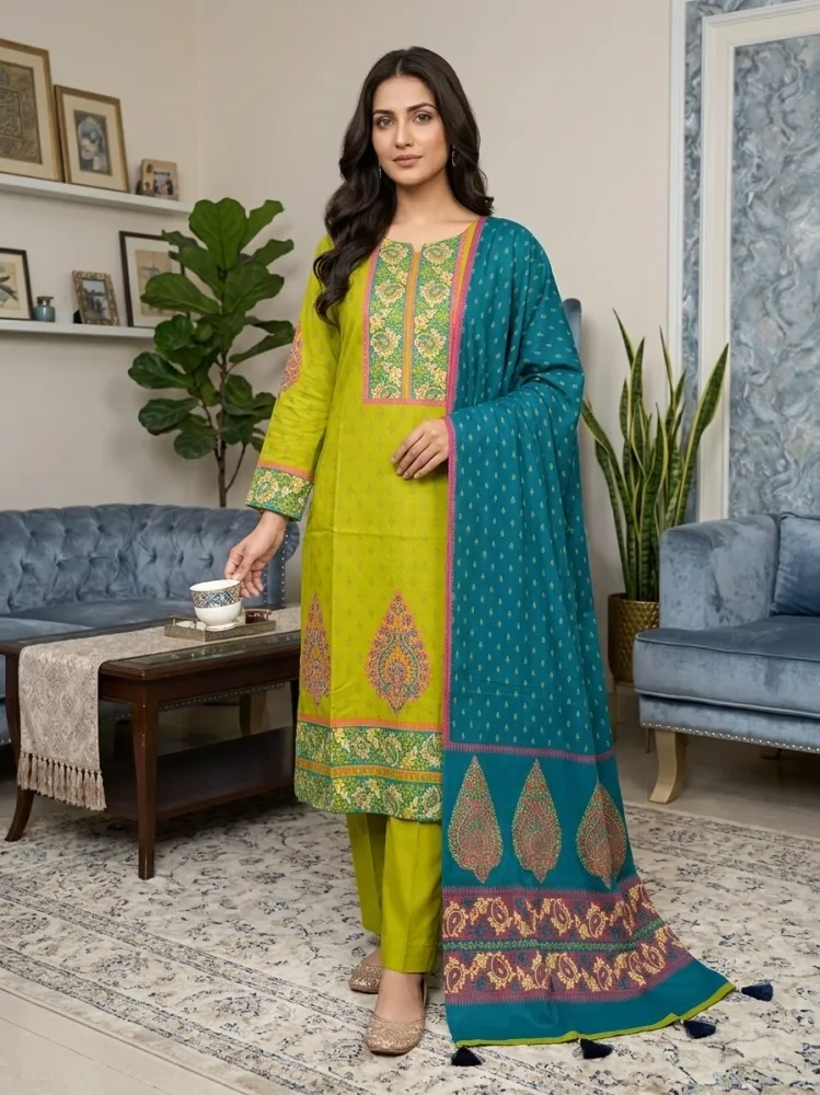 Lime & Teal Cotton Block Print 3-Piece Salwar Kameez