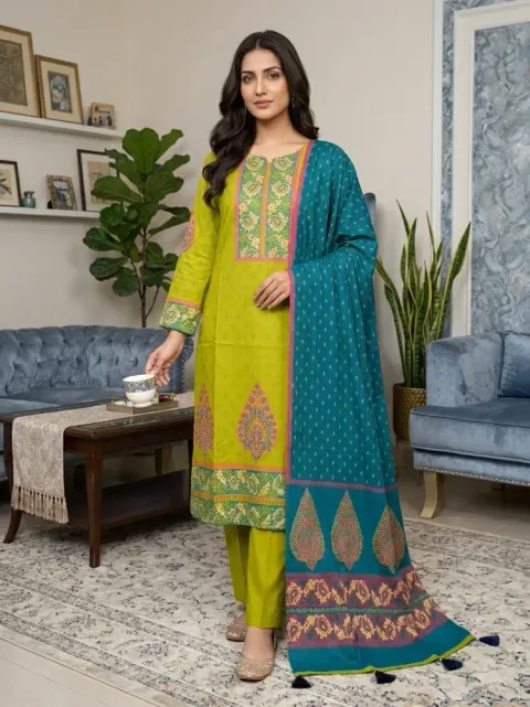 Lime & Teal Cotton Block Print 3-Piece Salwar Kameez