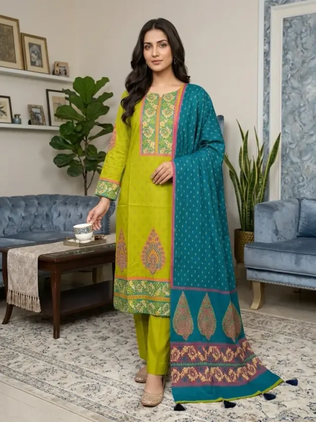 Lime & Teal Cotton Block Print 3-Piece Salwar Kameez