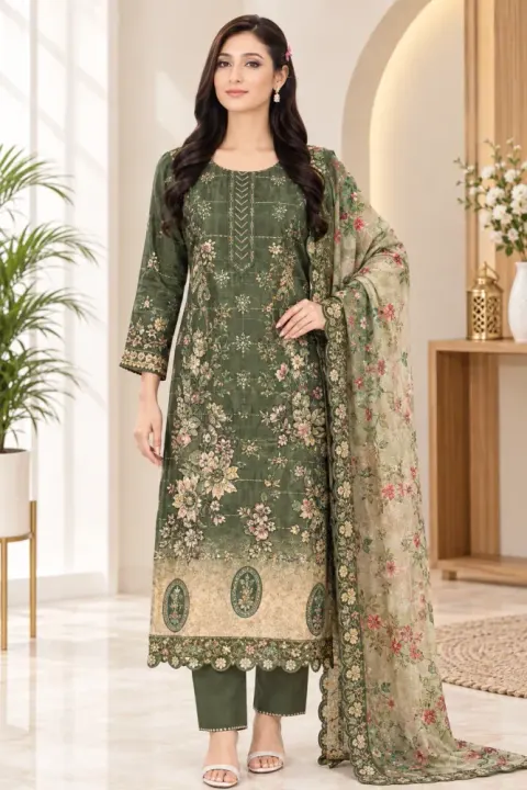 Moss Green Soft Cotton Digital Print Embroidered & Sequin Work 3-Piece Salwar Kameez