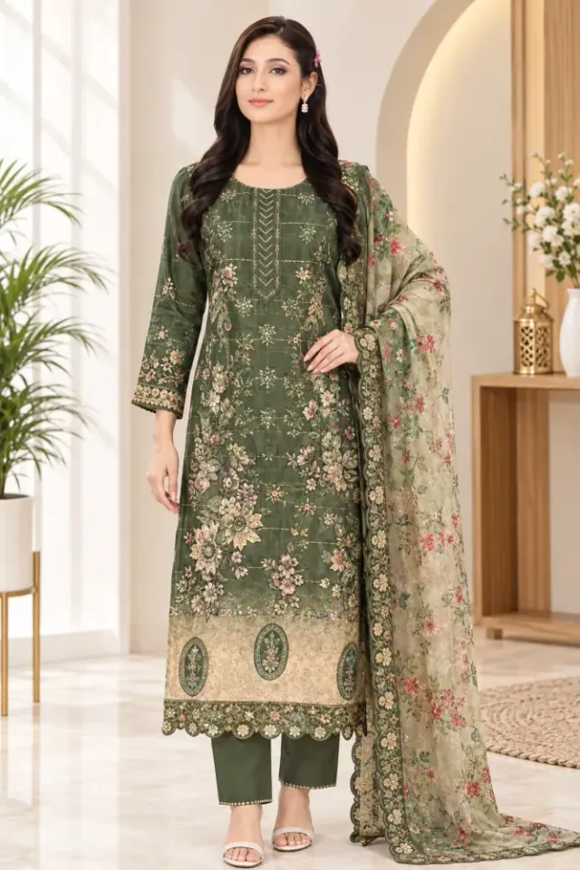 Moss Green Soft Cotton Digital Print Embroidered & Sequin Work 3-Piece Salwar Kameez