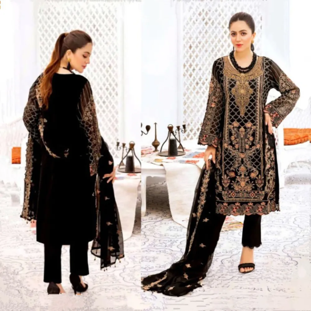 Black Luxury Embroidered Weightless Georgette 4-Piece Set for Women - Shopemart 1