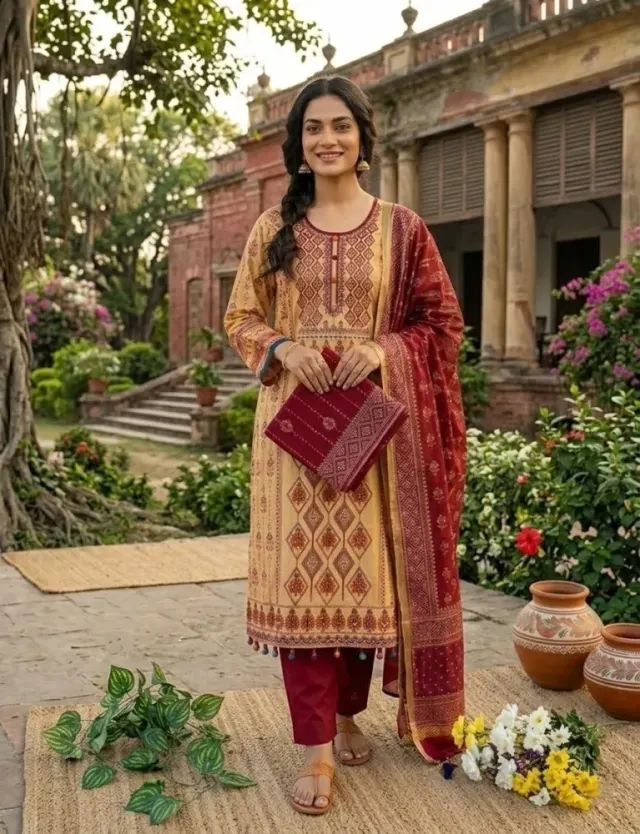 Rust & Maroon Cotton Block Print 3-Piece Salwar Kameez