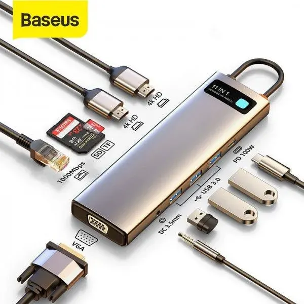 Baseus 11 in 1 USB C HUB to HDMI VGA USB 3.0 PD RJ45 SD Card Reader Adapter — Baseus