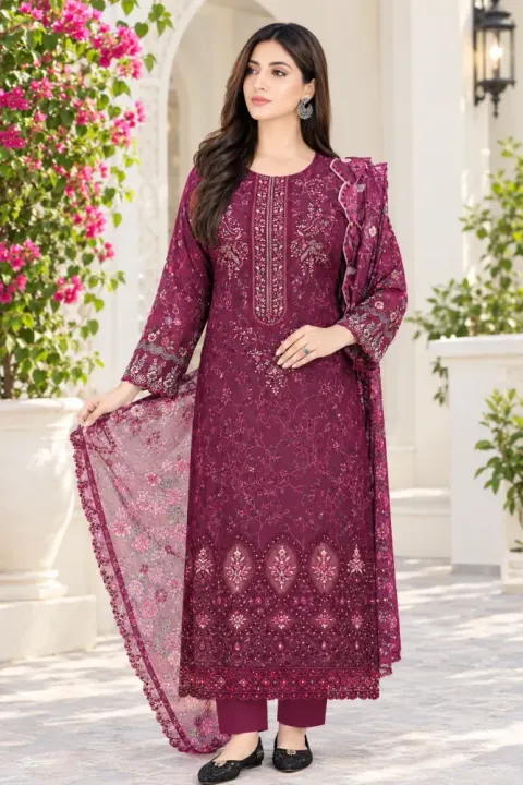 Wine Soft Cotton Digital Print Embroidered 3-Piece Salwar Kameez