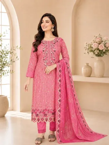 Pink Soft Cotton Digital Print Embroidered 3-Piece Salwar Kameez