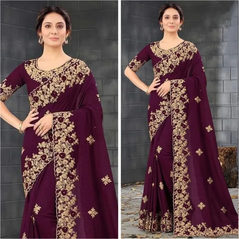 Wine & Gold Embroidered Georgette Saree