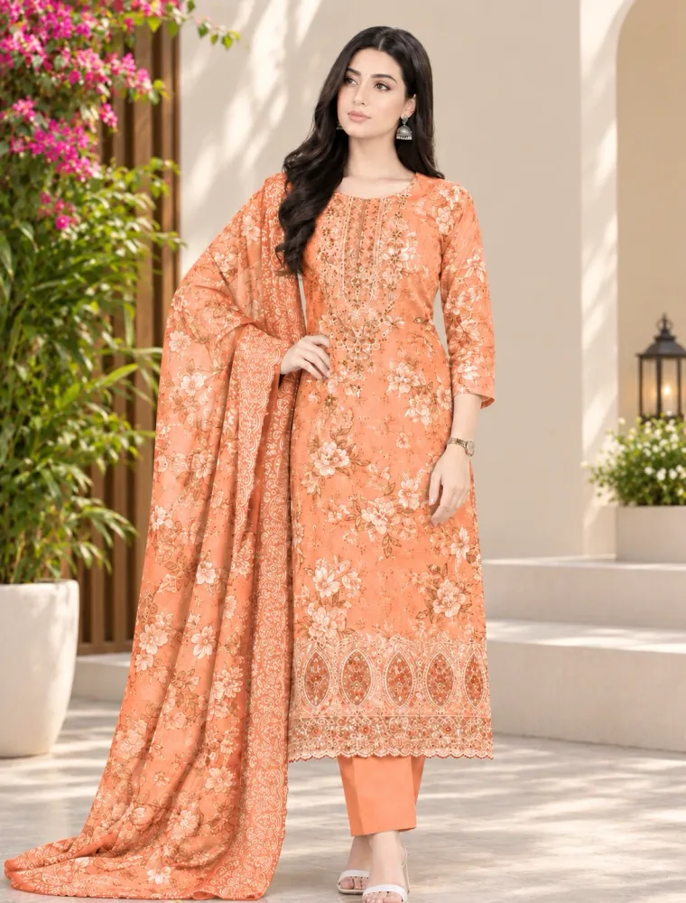 Peach Orange Soft Cotton Digital Print Embroidered & Sequin Work 3-Piece Salwar Kameez