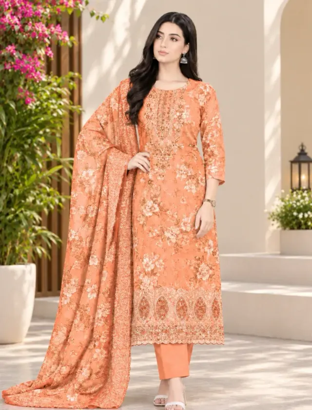 Peach Orange Soft Cotton Digital Print Embroidered & Sequin Work 3-Piece Salwar Kameez