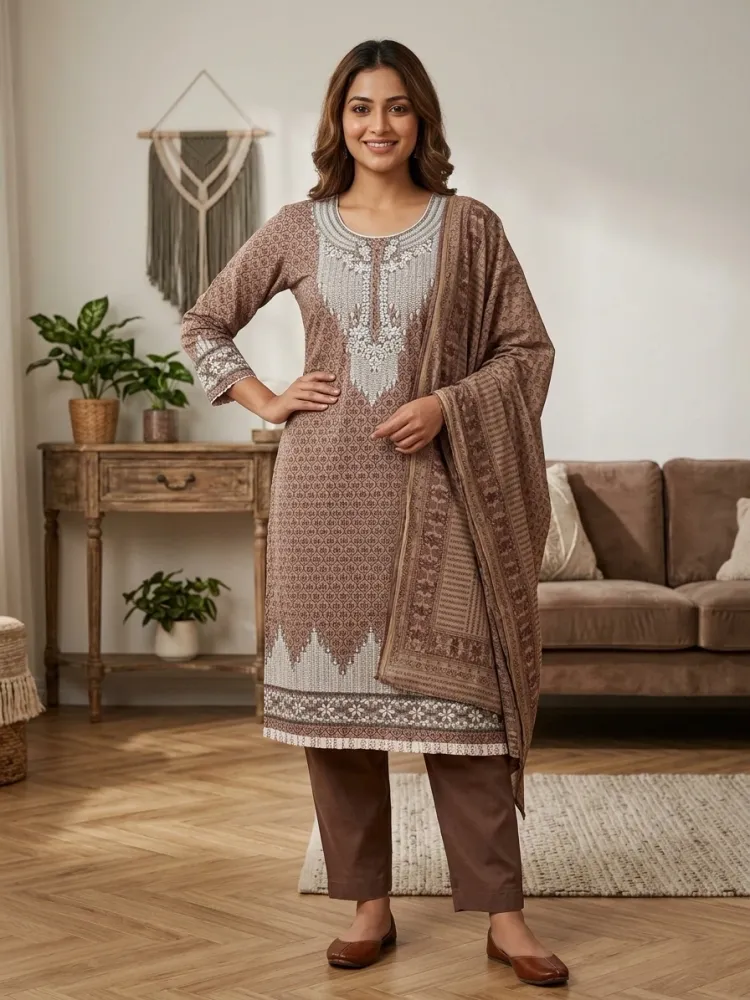 Mocha Brown Soft Cotton Digital Print Embroidered & Sequin Work 3-Piece Salwar Kameez