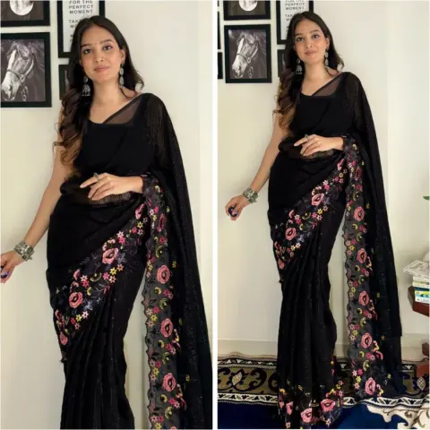 Georgette Embroidered Saree for Women S-4060 BK