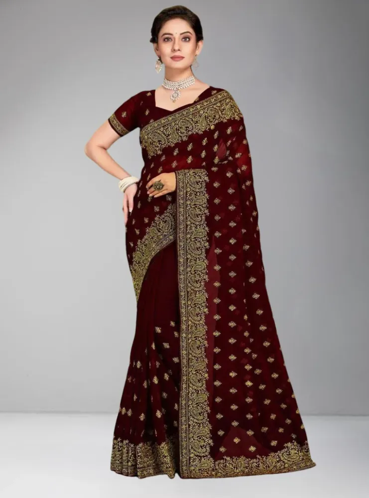 Luxury Designer Saree with Embroidery & Golden Zari Work