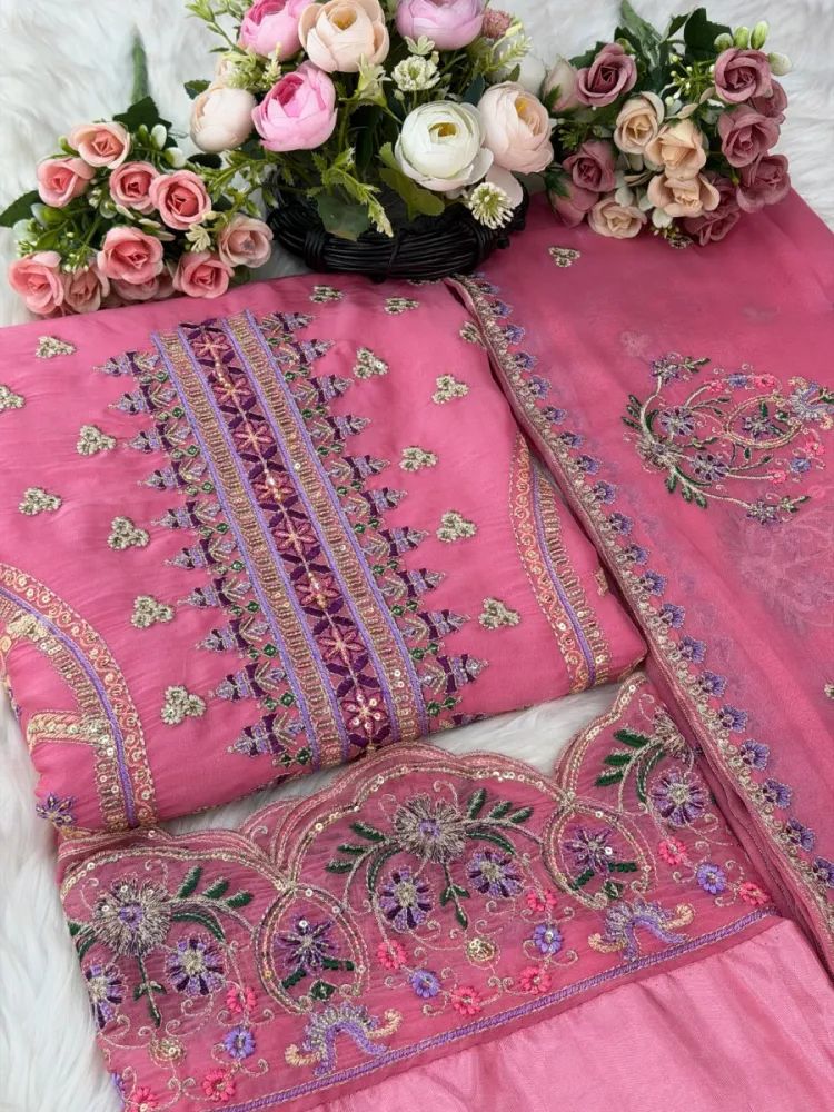 Pink Premium Embroidered Star Georgette 4-Piece Set for Women - Shopemart 1