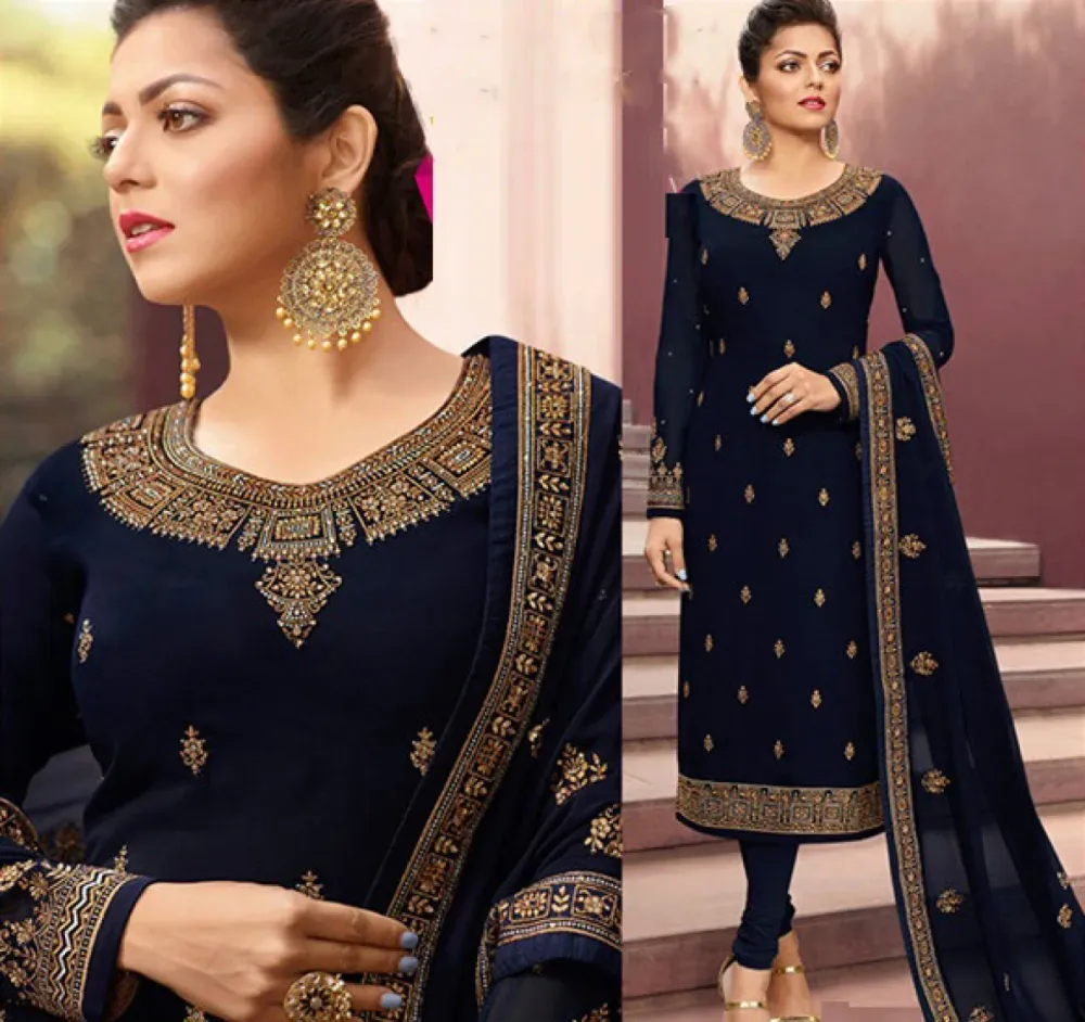 Navy Blue Embroidered Georgette Semi-Stitched Salwar Suit