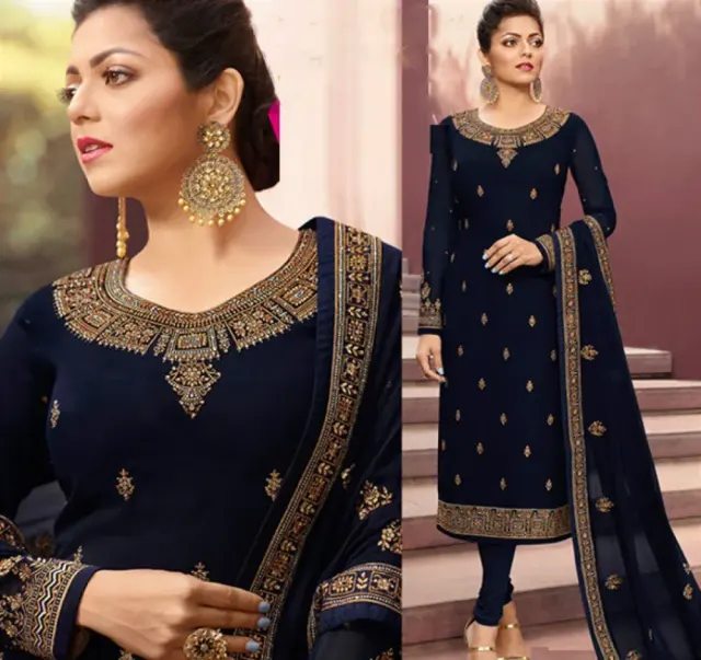 Navy Blue Embroidered Georgette Semi-Stitched Salwar Suit