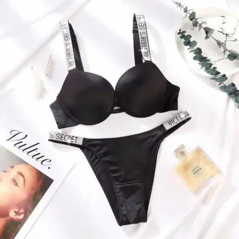 Black Victoria Secret Style Premium Rhinestone Bra & Panty Set