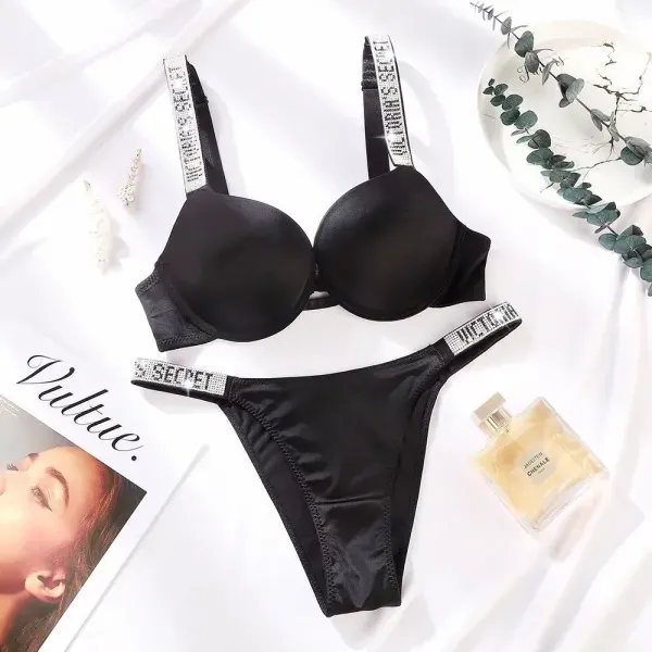 Black Victoria Secret Style Premium Rhinestone Bra & Panty Set