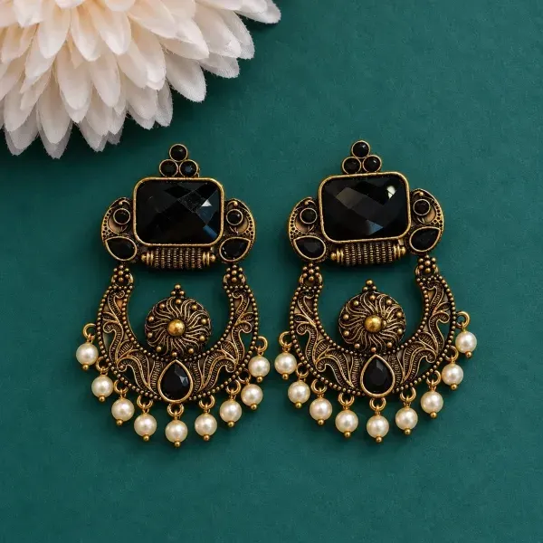 Black Antique Stone Chandbali Earrings with Pearl Drops – 3 Color Options