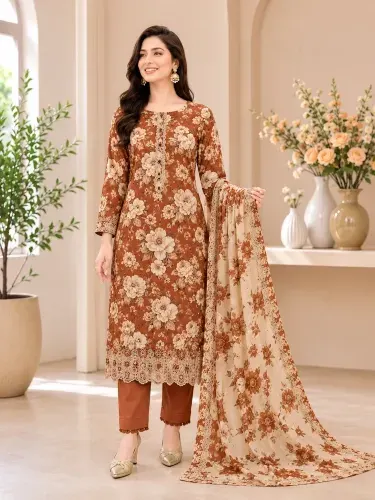 Rust Orange Soft Cotton Digital Print Embroidered 3-Piece Salwar Kameez