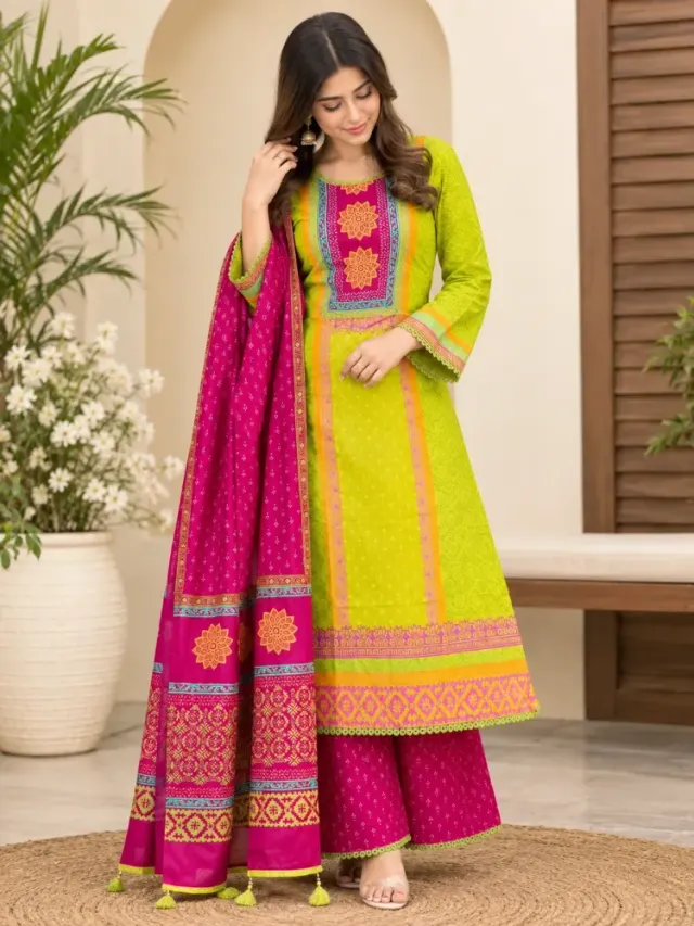 Magenta & Lime Cotton Block Print 3-Piece Salwar Kameez