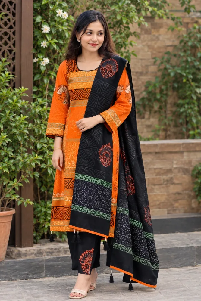 Orange & Black Cotton Block Print 3-Piece Salwar Kameez