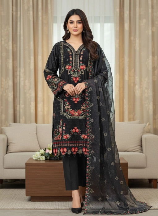 Premium Embroidered Jimmy Chu Georgette 4-Piece Set for Women AR-555 BK
