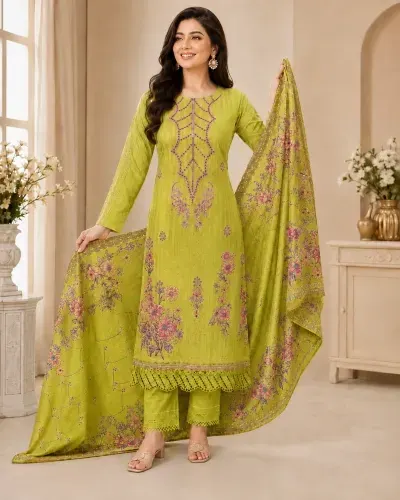 Lime Green Soft Cotton Digital Print Embroidered 3-Piece Salwar Kameez