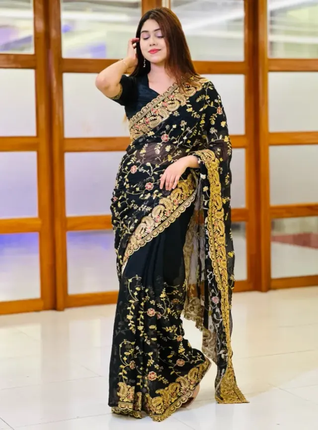 Luxury Designer Saree with Embroidery, Golden Zari & Multi-Thread Stone Work