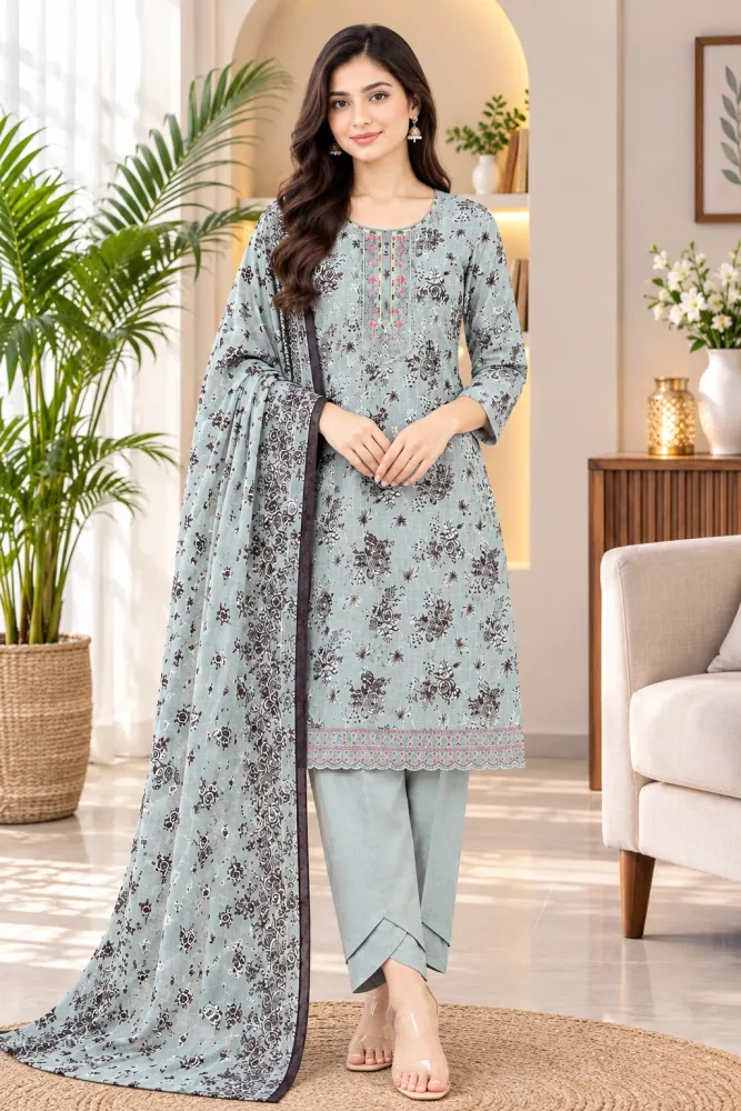Ash Grey Soft Cotton Digital Print Embroidered 3-Piece Salwar Kameez