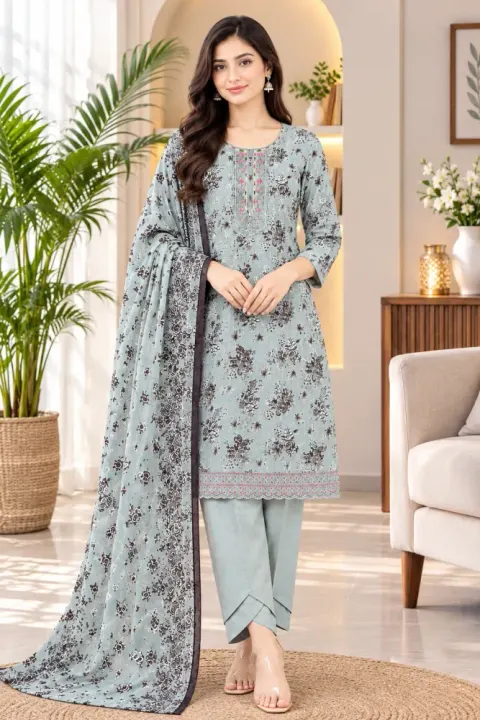 Ash Grey Soft Cotton Digital Print Embroidered 3-Piece Salwar Kameez