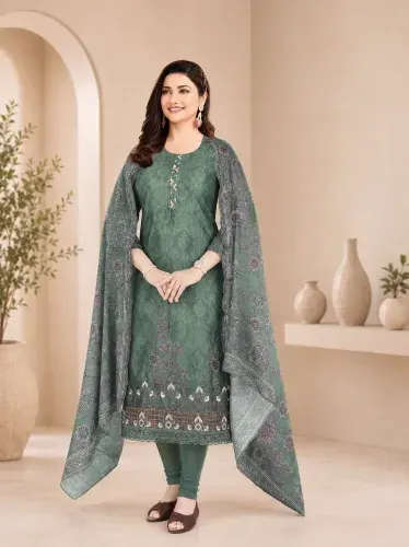Bottle Green Soft Cotton Digital Print Embroidered & Sequin Work 3-Piece Salwar Kameez
