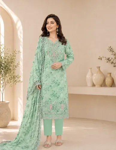 Mint Green Soft Cotton Digital Print Embroidered 3-Piece Salwar Kameez