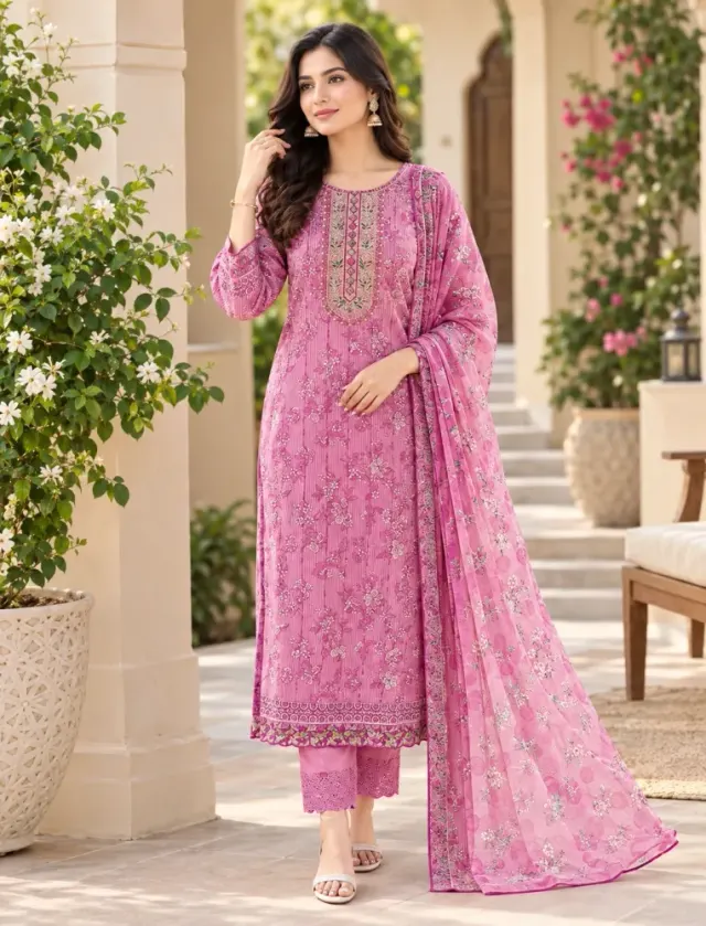 Rose Pink Soft Cotton Digital Print Embroidered & Sequin Work 3-Piece Salwar Kameez