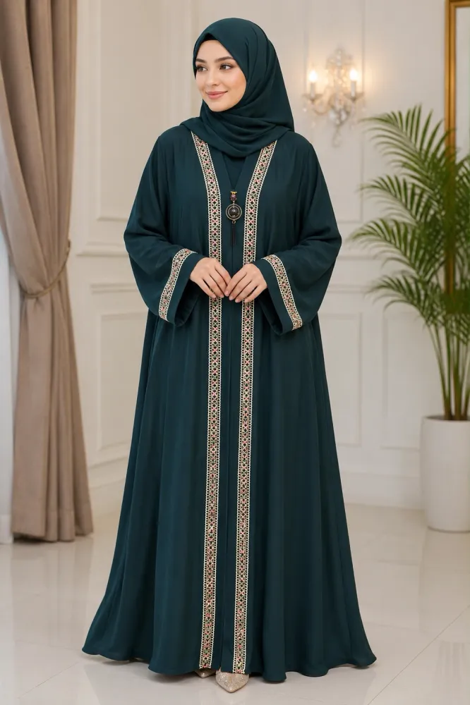 Premium Zafran Fabric Embroidered & Sequin Single Layer Abaya with Matching Hijab - Shopemart