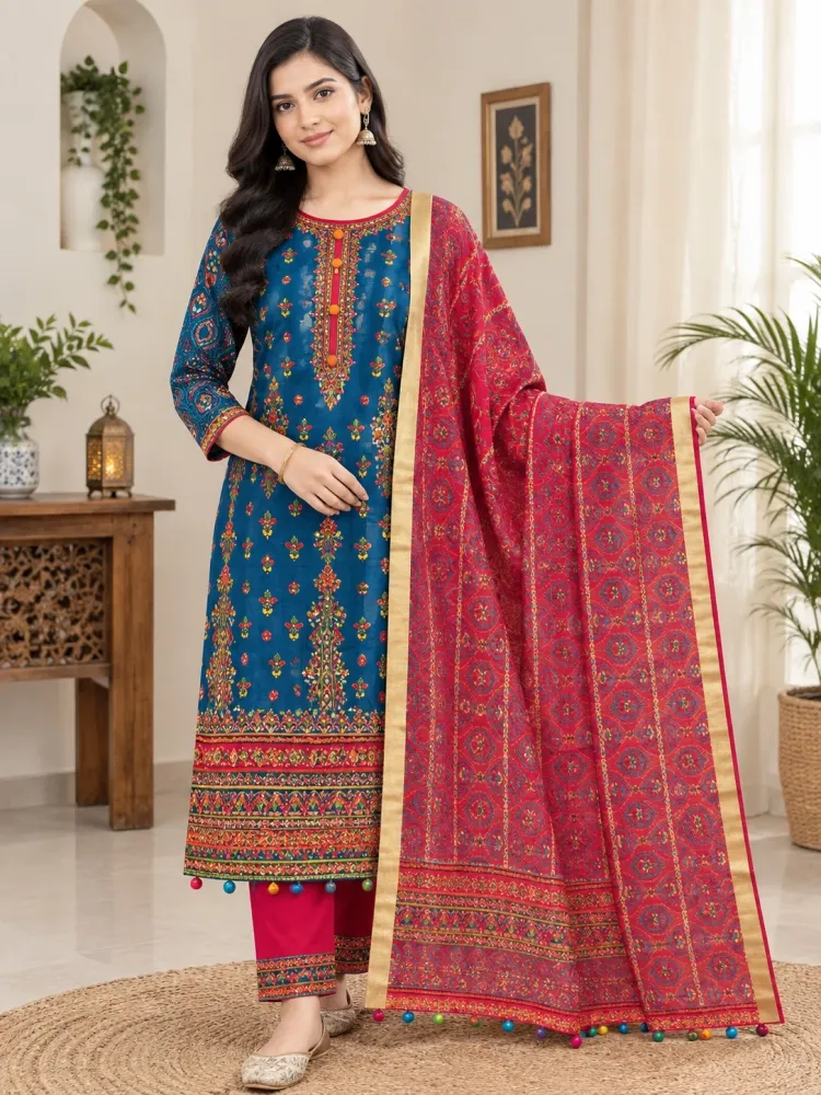 Blue & Red Cotton Block Print Ready-Made 3-Piece Salwar Kameez