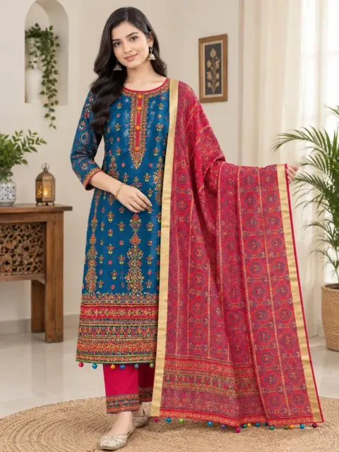 Blue & Red Cotton Block Print Ready-Made 3-Piece Salwar Kameez