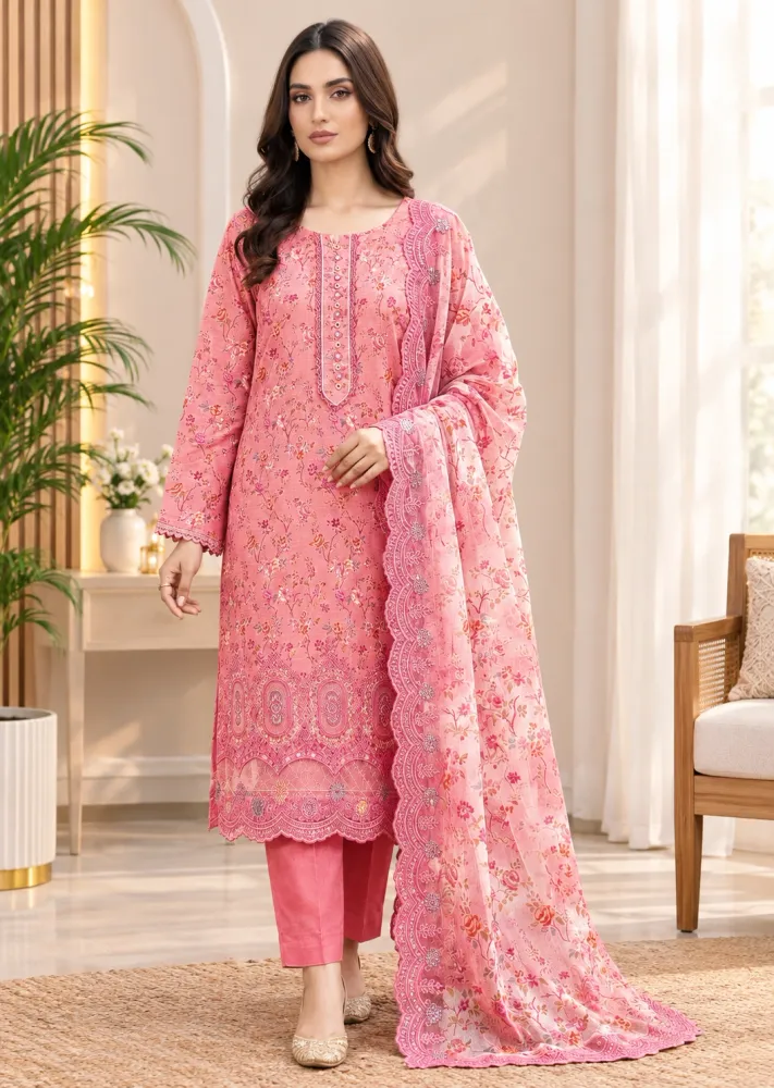 Rose Pink Soft Cotton Digital Print Embroidered & Sequin Work 3-Piece Salwar Kameez