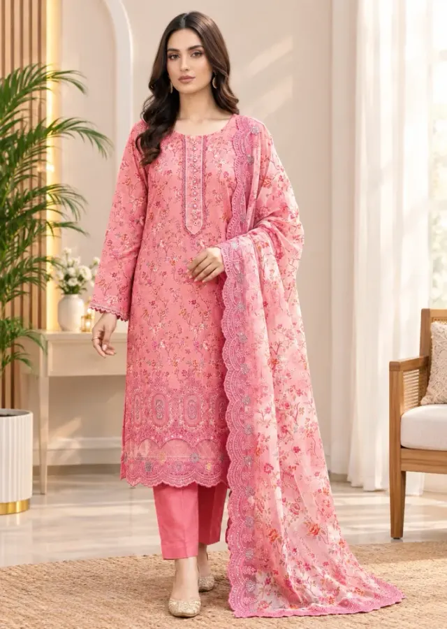 Rose Pink Soft Cotton Digital Print Embroidered & Sequin Work 3-Piece Salwar Kameez