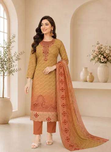 Mustard Yellow Soft Cotton Digital Print Embroidered & Sequin Work 3-Piece Salwar Kameez