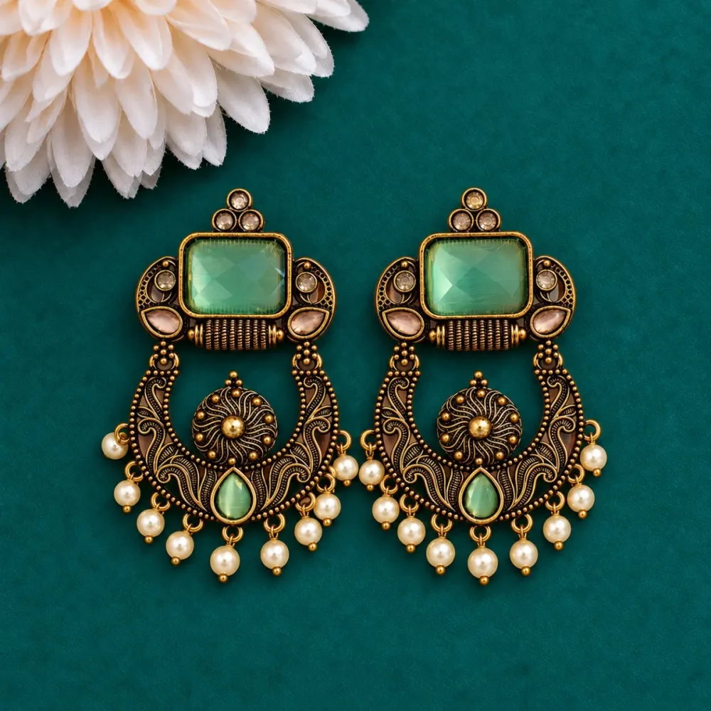 Antique Stone Chandbali Earrings with Pearl Drops – 3 Color Options