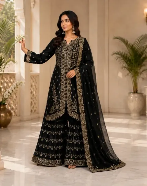 Black Embroidered Jimmy Chu Georgette Sharara Suit Set