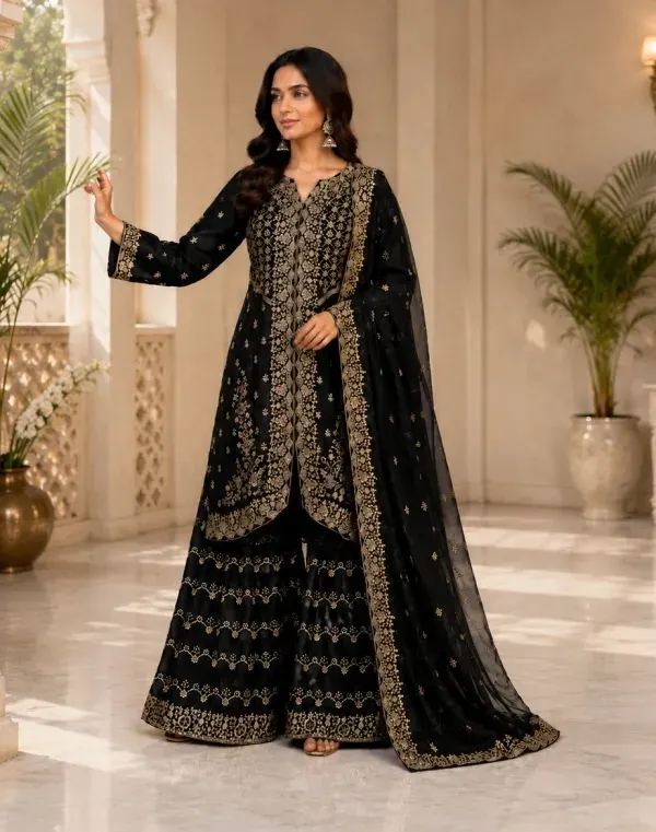Black Embroidered Jimmy Chu Georgette Sharara Suit Set