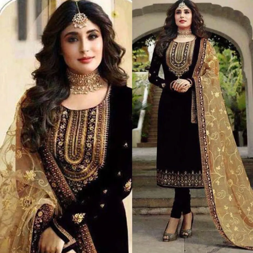 Black & Gold Embroidered Georgette Semi-Stitched Salwar Suit